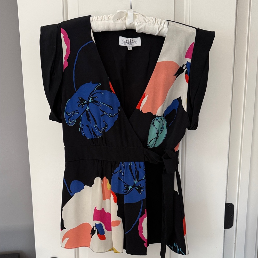 Tibi Black Floral Wrap Blouse